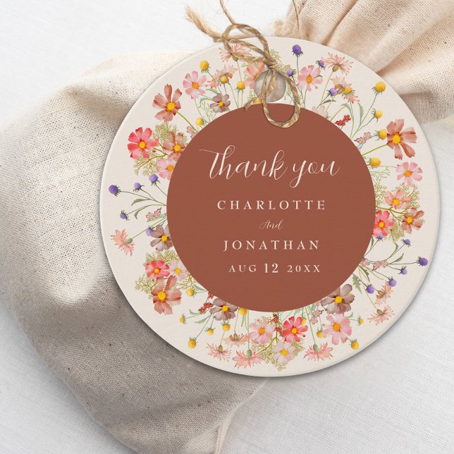 Boho Fall Wildblume Floral Wedding Vielen Dank Geschenkanhänger (Boho Wildflower fall floral beige & terracotta custom Wedding thank you favor tag Elegant script)