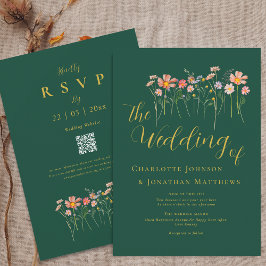 Boho Fall Wildblume Green Gold QR Code Hochzeit Einladung
