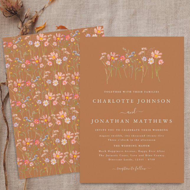Boho Fall Wildblume Meadow Brown Orange Wedding Einladung (Boho fall Wildflower floral brown sugar terracotta orange Wedding invitation Elegant modern script)