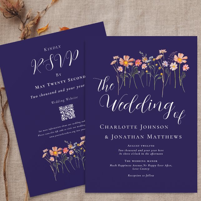 Boho Fall Wildblume Navy Blue Terracotta QR Code Einladung (Boho fall Wildflower floral navy blue terracotta white Wedding qr code invitation Watercolor meadow )