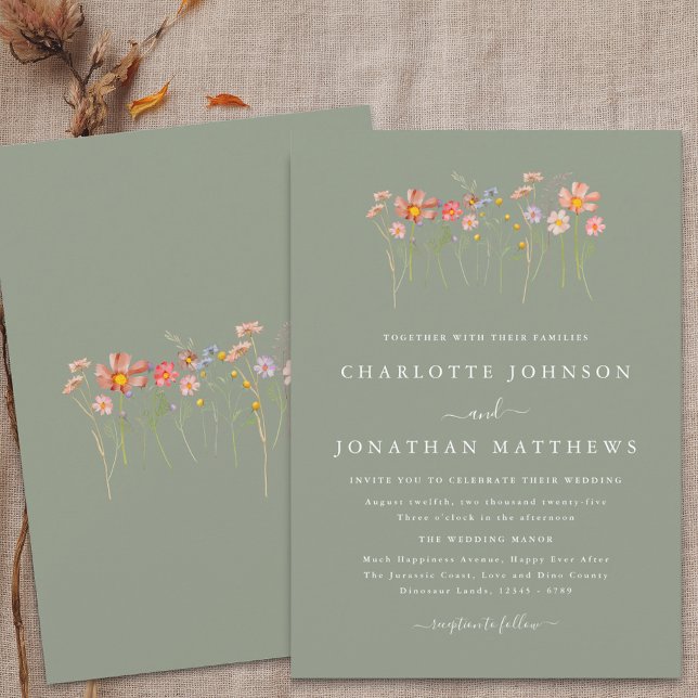 Boho Fall Wildblume Sage Green Wedding Einladung (Wildflower boho fall floral sage green Wedding invitation Watercolor meadow flowers elegant modern)