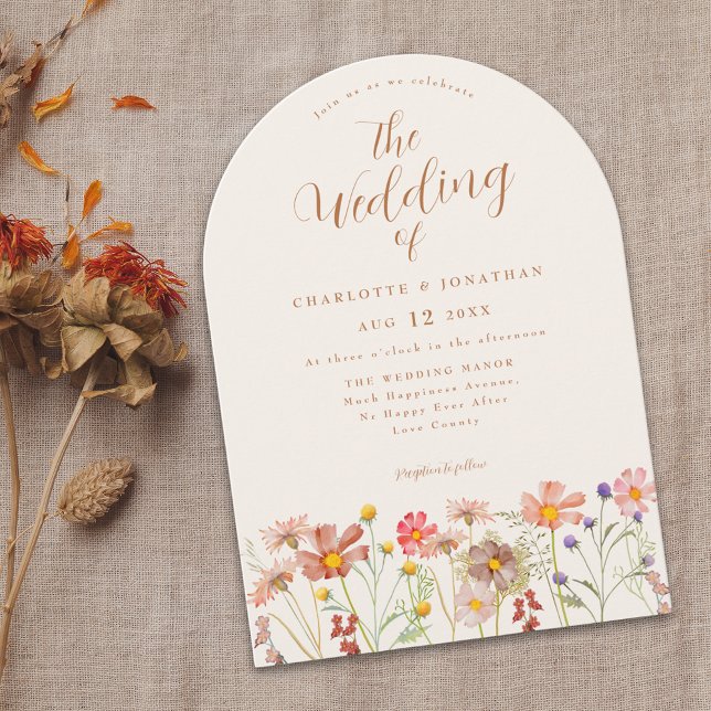 Boho Fall Wildblume Terracotta Wedding Einladung (Boho fall wildflower country meadow wedding invitation with elegant script watercolor florals )