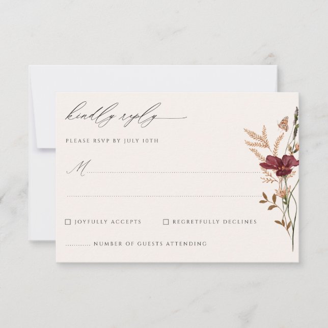 Boho Fall Wildblume Vintage Wedding RSVP Karte (Vorderseite)