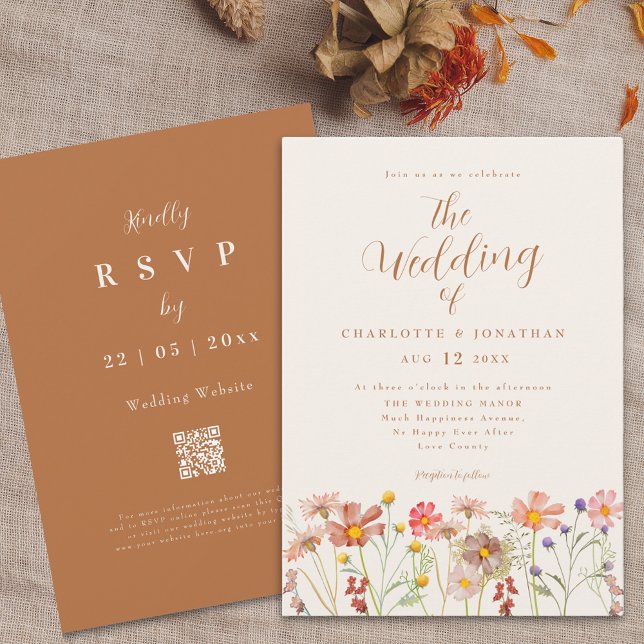 Boho Fall Wildblume Wedding Einladung (Boho fall Wildflower meadow terracotta burnt orange Wedding invitation with elegant modern script )