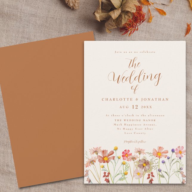 Boho Fall Wildblume Wedding Einladung (Boho Wildflower meadow burnt orange terracotta fall Wedding invitation with elegant modern script )