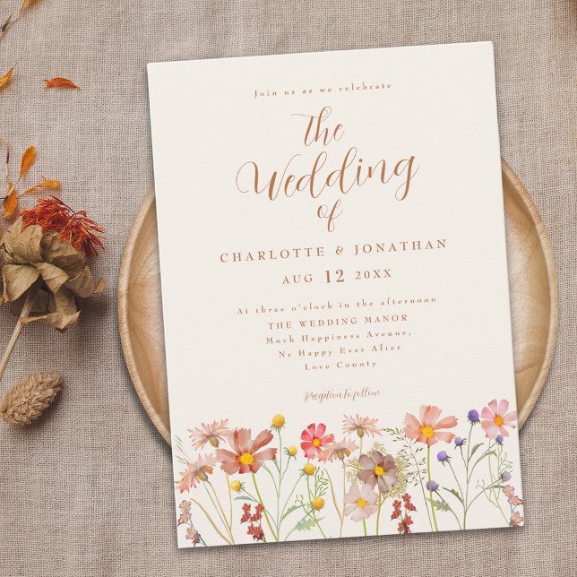 Boho Fall Wildblume Wedding Einladung (Boho fall Wildflower meadow terracotta burnt orange Wedding invitation with elegant script )