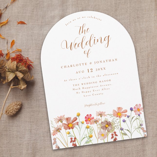 Boho Fall Wildblume Wedding Einladung (Boho fall Wildflower rustic country meadow Wedding invitation terracotta burnt terracotta script)