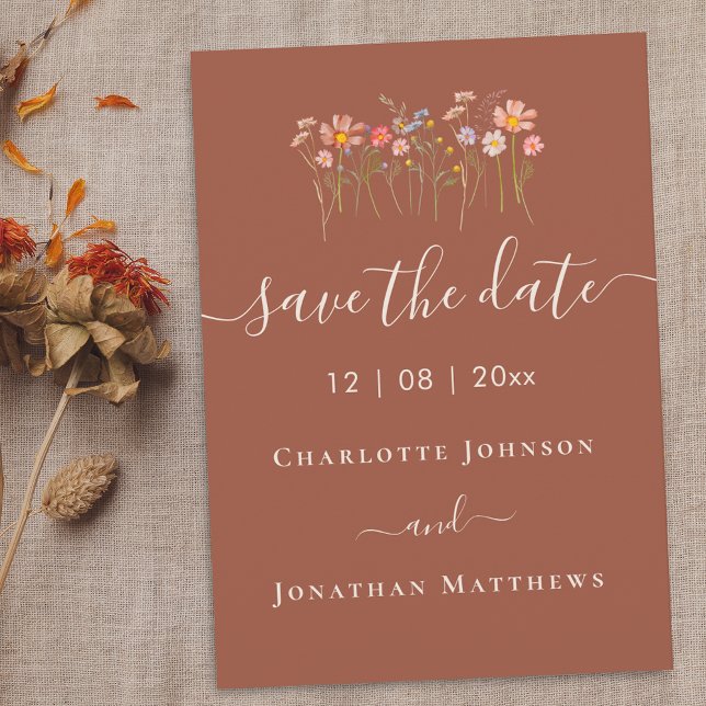 Boho Fall Wildflower Floral Terracotta Wedding Save The Date (Wildflower meadow elegant boho fall terracotta rust wedding save the date card)