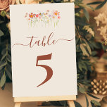 Boho Fall Wildflower Tan Beige Terracotta Wedding Tischnummer<br><div class="desc">Boho Fall rustic Wildflower Meadow tan beige terracotta rust wedding table number card featuring original watercolor floral artwork by Catherine Sweetman, perfect for a bohemian or rustic autumn wedding. This design showcases hand-painted wildflowers in a rich, earthy color palette of orange, terracotta, rust, tan, beige, peach, plum, coral, soft pink,...</div>