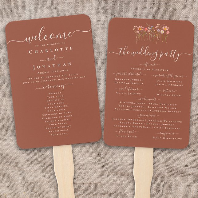 Boho Fall Wildflower Terracotta Wedding Ceremony Fächer (Boho fall Wildflower meadow garden floral terracotta rust Wedding ceremony program fan)