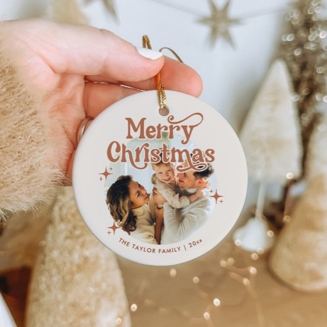 Boho Family Foto Frohe Weihnachtsfeier Keramik Ornament (Von Creator hochgeladen)