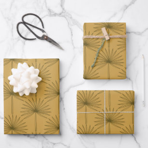 Boho Fan Palm Leaf Botanische Linie Zeichnend Senf Geschenkpapier Set
