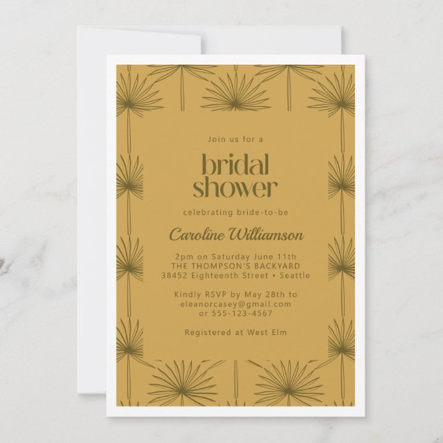 Boho Fan Palm Leaf Botanisches Senf-Brautparty Einladung (Vorderseite)
