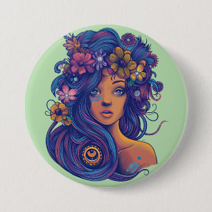 Boho Fantasy Woman mit Blumenhaar Button