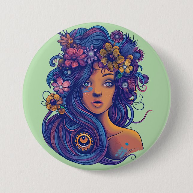 Boho Fantasy Woman mit Blumenhaar Button (Vorderseite)