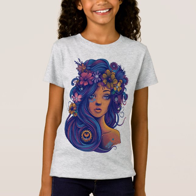 Boho Fantasy Woman mit Blumenhaar T-Shirt (Vorderseite)