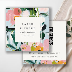 Boho farbenfroh rosa blau gestrichene Blüten QR-Co Quadratische Visitenkarte