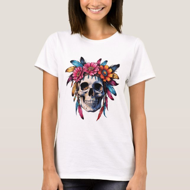 Boho farbenfroher Schädel mit Blume und Blume T-Shirt (Vorderseite)