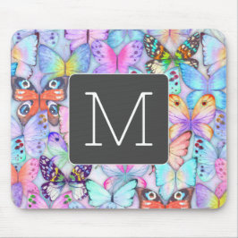 Boho farbige Schmetterlingsmuster Initial Blue Mousepad