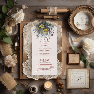 Boho Farbige Wasserfarbe Wildblumen Hochzeit All In One Einladung