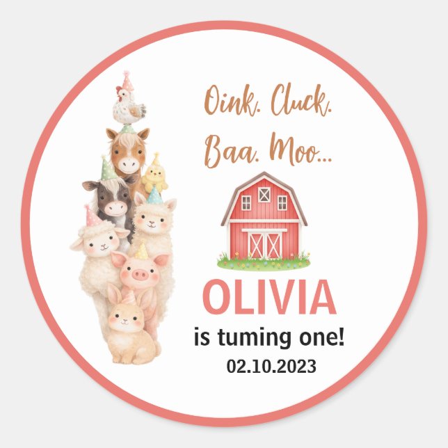 Boho Farm Animal 1st Birthday |Cute Rustic Barnyad Runder Aufkleber (Vorderseite)