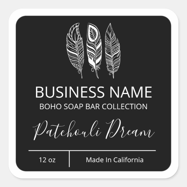 Boho Feather Black Soap Bar Labels Quadratischer Aufkleber (Vorderseite)