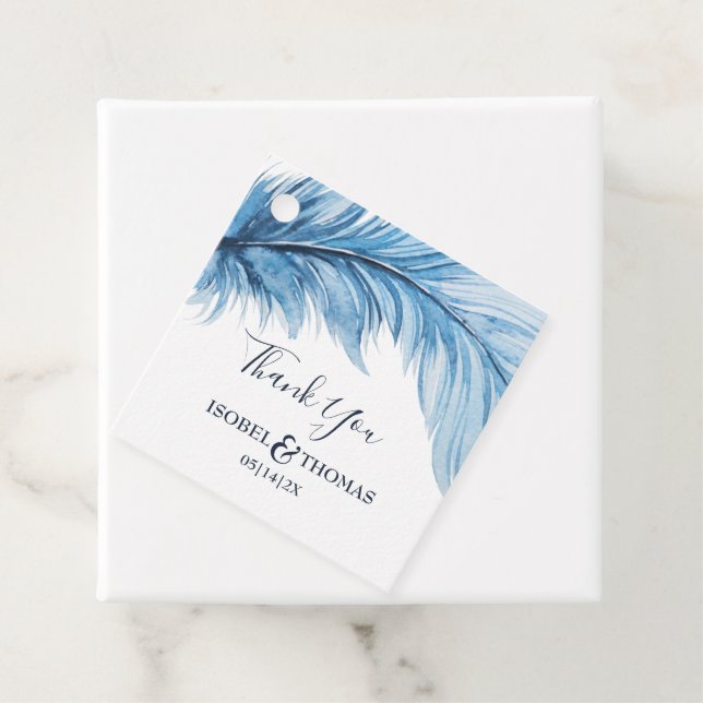 Boho Feather Blue & White Wedding Vielen Dank Geschenkanhänger (Beispiel)
