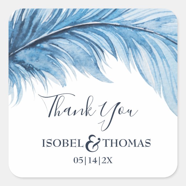 Boho Feather Blue & White Wedding Vielen Dank Quadratischer Aufkleber (Vorderseite)