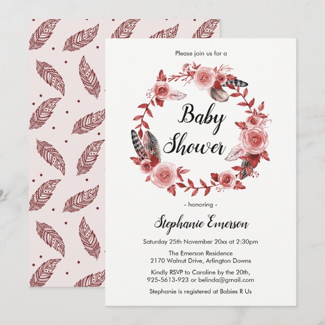 Boho Feather Burgundy Blush Baby shower Invitation (Devant / Derrière)