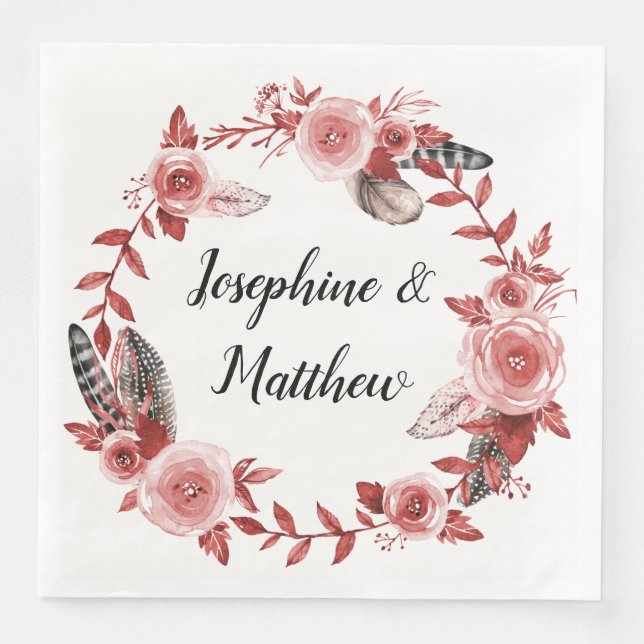 Boho Feather Burgundy Rose Wasserfarbener Kranz Serviette (Vorderseite)