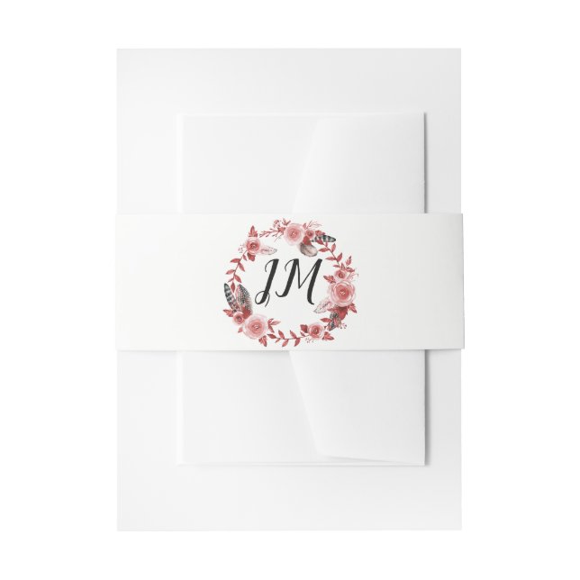 Boho Feather Burgundy Rose Wreath Monogram Einladungsbanderole (Vorderseite Beispiel)