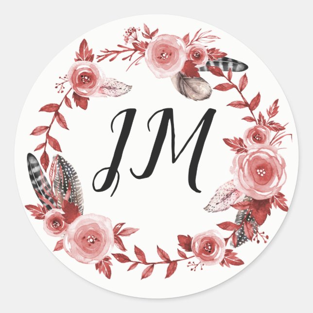 Boho Feather Burgundy Rose Wreath Monogram Wedding Runder Aufkleber (Vorderseite)