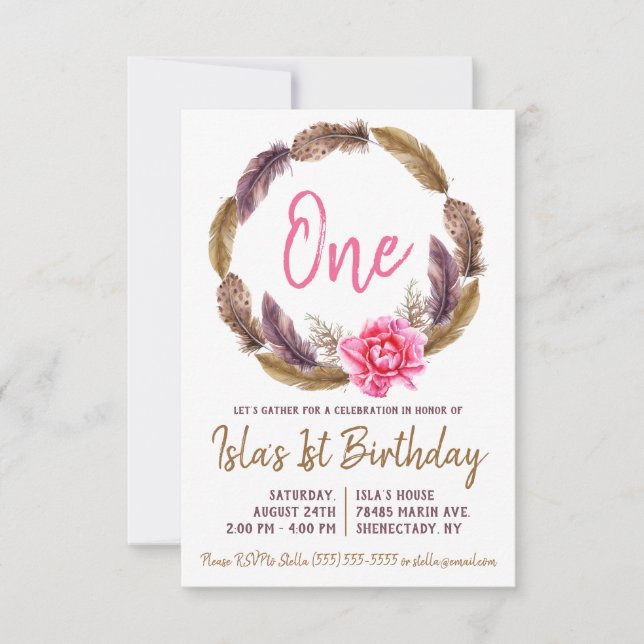 Boho Feather et Floral Wreath Invitation Anniversa (Devant)