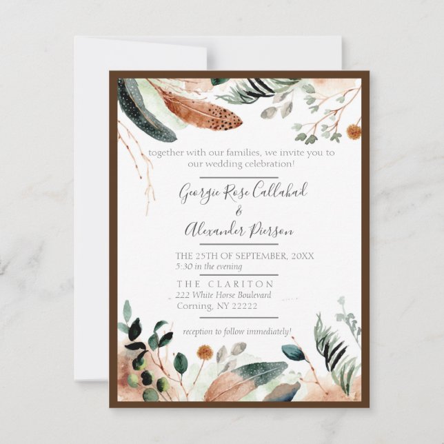 Boho Feather & Eucalyptus Faire-part de mariage (Devant)