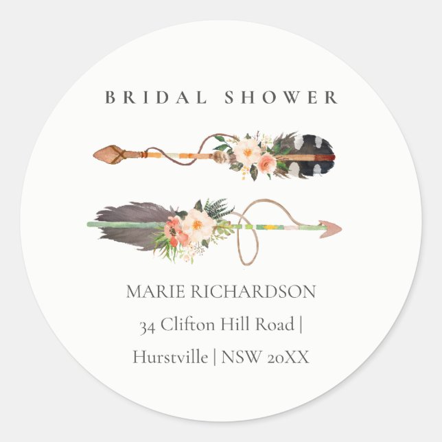 Boho Feather Floral Arrow Brautparty Runder Aufkleber (Vorderseite)