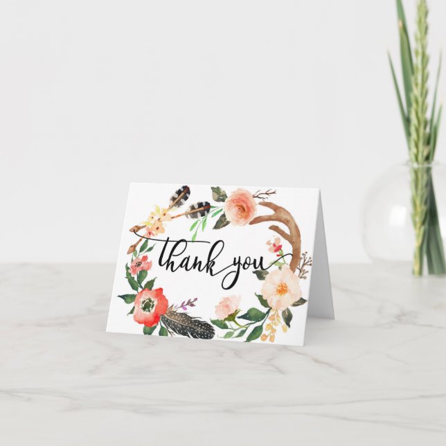 Boho feather Floral Dankeschön Karte (Vorderseite)