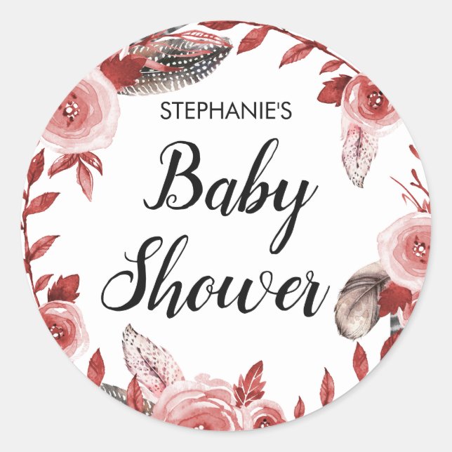 Boho Feather Floral Wreath Baby Shower Runder Aufkleber (Vorderseite)