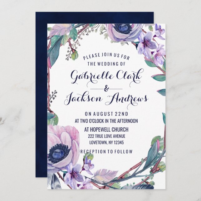 Boho Feather & Floral Wreath Wedding Invitations (Devant / Derrière)