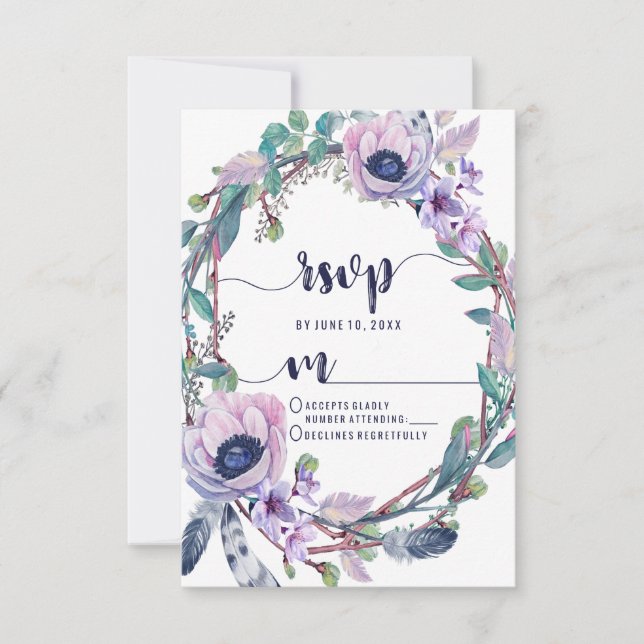 Boho Feather & Floral Wreath Wedding Réponse RSVP (Devant)