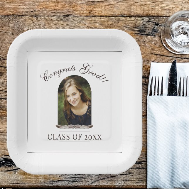 Boho Feather Frame Foto Graduation Party Pappteller (Boho Feather Frame Photo Graduation Party Paper Plates)