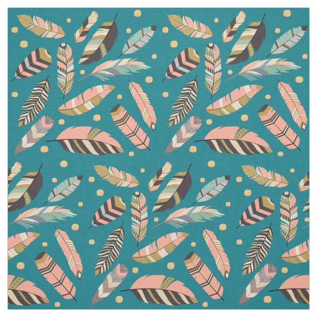 Boho Feather Pattern auf Aquamarin Stoff (Muster)