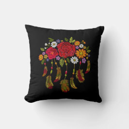 Boho Feather Red Yellow Floral Black Kissen
