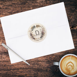 Boho Feather Wreath Monogram Runder Aufkleber