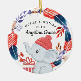 Boho Feathers and Elephant Baby's 1. Weihnachten Keramik Ornament