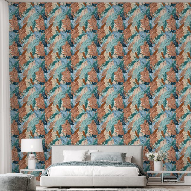 Boho Feathers blue Tapete (Schlafzimmer)