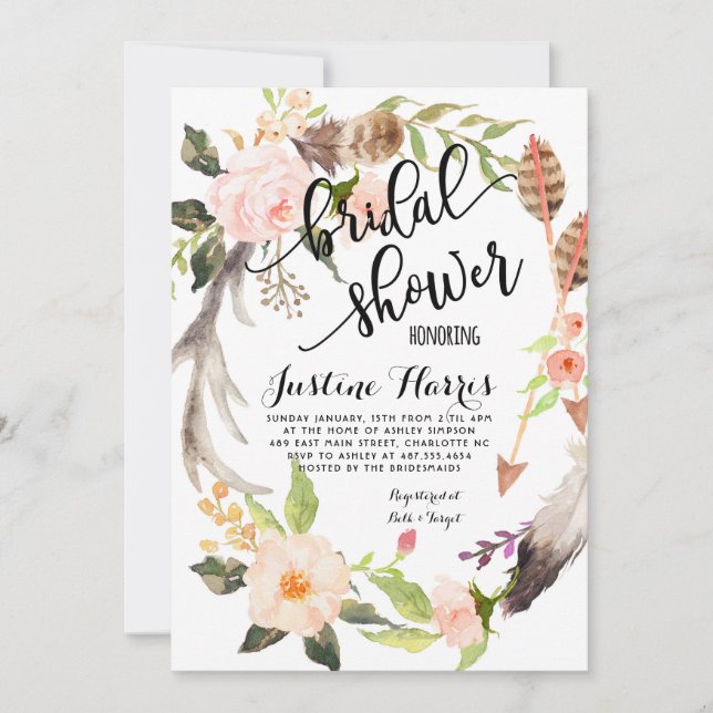 Boho Feathers Bridal Duwer Einladung (Vorderseite)