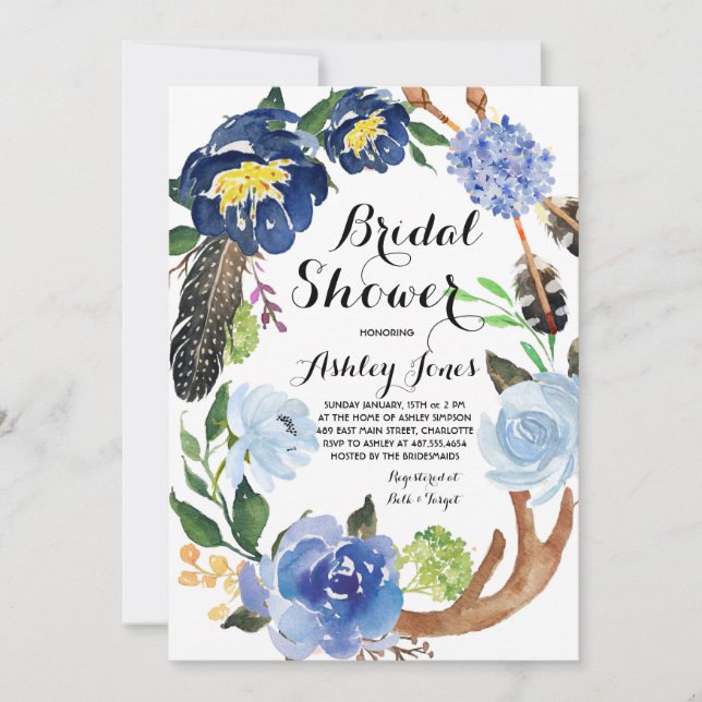 Boho Feathers Bridal Duwer Einladung (Vorderseite)