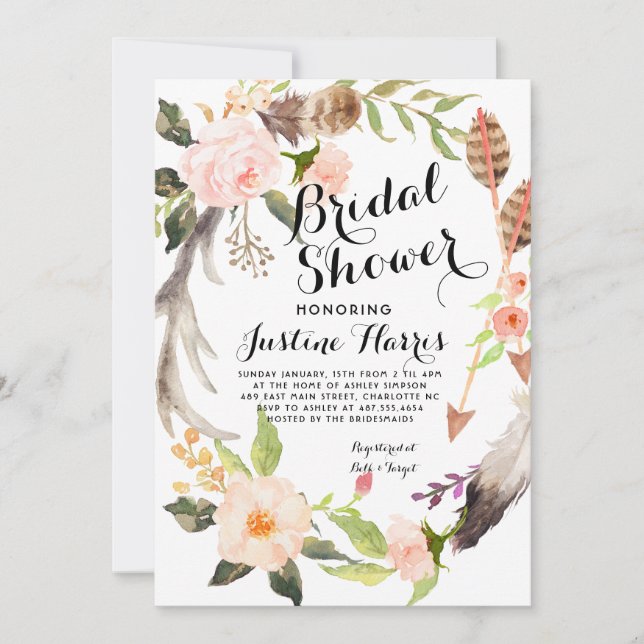 Boho Feathers Bridal Duwer Einladung (Vorderseite)