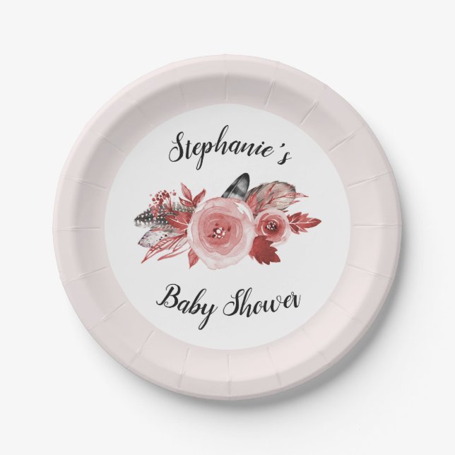 Boho Feathers Burgundy Blush Baby Dusche Pappteller (Vorderseite)