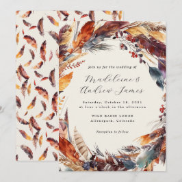 Boho Feathers Fall Wreath Calligrafy Wedding Einladung